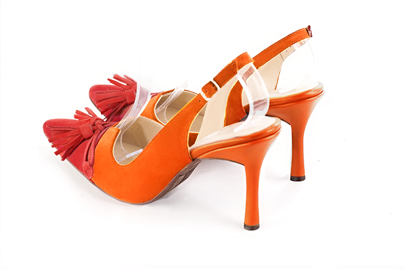 Scarlet red and clementine orange women's open back shoes, with a knot. Tapered toe. Very high slim heel. Rear view - Florence KOOIJMAN